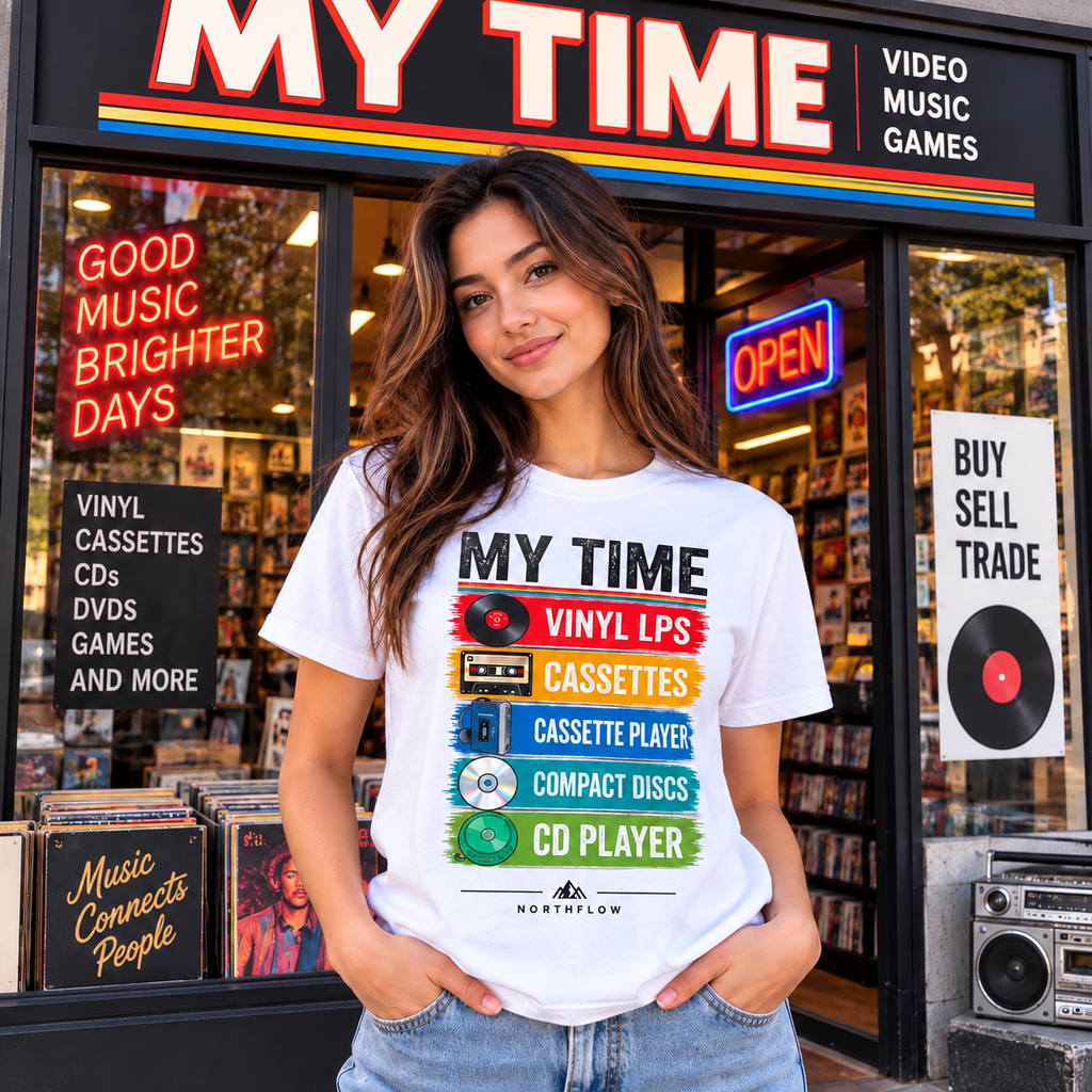 My Time Only Retro Nostalgia Graphic Tee CD, Cassettes, VHS, Limewire