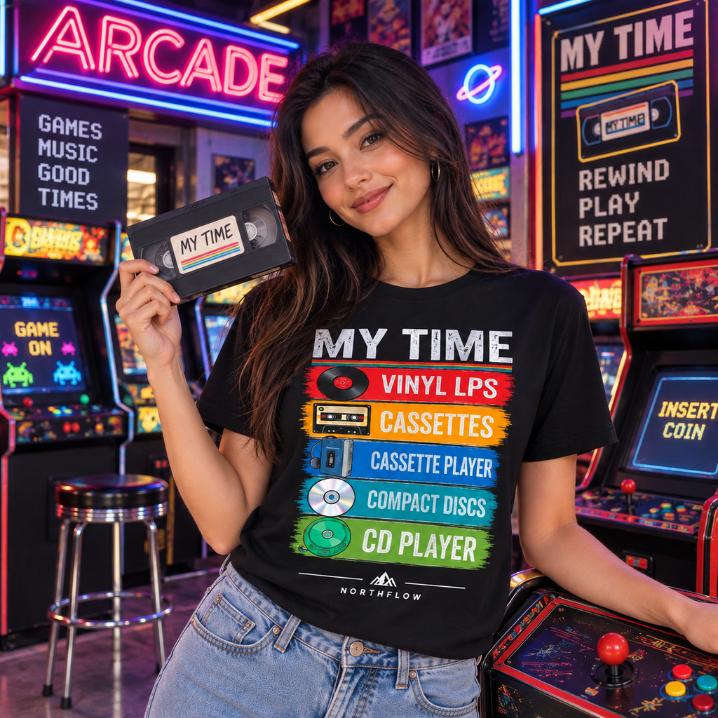My Time Only Retro Nostalgia Graphic Tee CD, Cassettes, VHS, Limewire