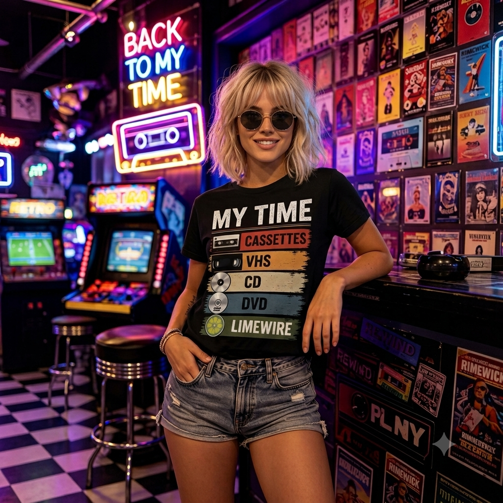 My Time Only Retro Nostalgia Graphic Tee CD, Cassettes, VHS, Limewire